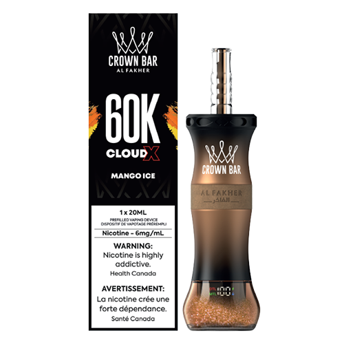 Al Fakher Crown X 60K Mango Ice disposable vape device with digital display and adjustable airflow design.