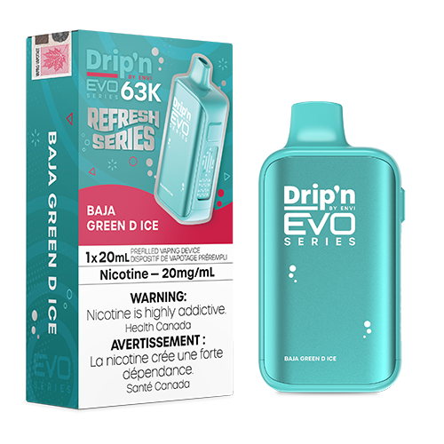 Drip’n EVO 63K disposable vape device with digital display and adjustable airflow design.