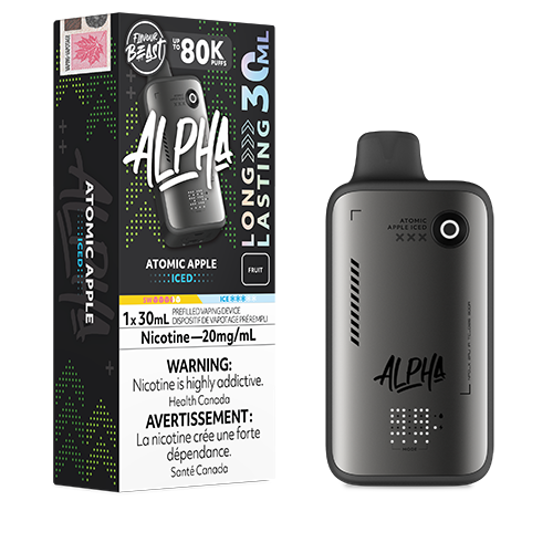 Flavour Beast Alpha 80K Atomic Apple Iced disposable featuring crisp apple flavour with an icy finish in a sleek high-capacity device.
