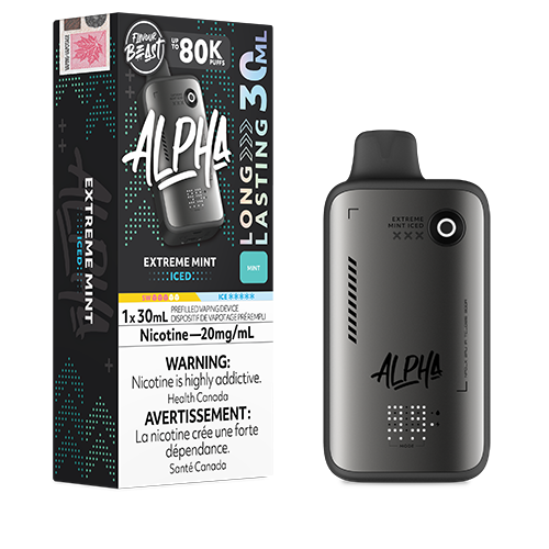 Flavour Beast Alpha 80K Extreme Mint Iced disposable vape featuring intense mint flavour with a refreshing icy finish in a sleek high-capacity design