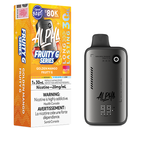 Golden Mango Fruity G Flavour Beast Alpha device with mango-inspired flavour profile and sleek disposable vape design