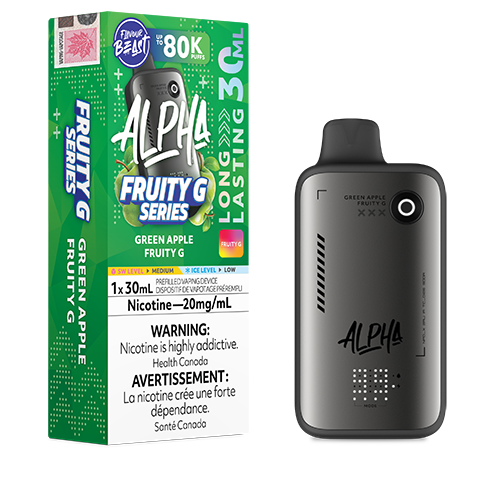 Green Apple Fruity G Flavour Beast Alpha device with crisp green apple flavour profile and sleek disposable vape design