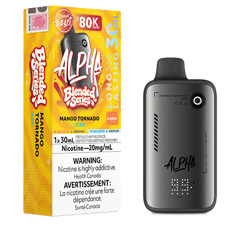 Flavour Beast Alpha Disposable Mango Tornado a featuring Mango Strawberry Guava Peach with and icy finish.