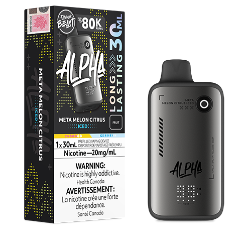 Flavour Beast Alpha 80K Meta Melon Citrus Iced disposable vape featuring a sweet melon and citrus blend with a refreshing icy finish in a sleek high-capacity design