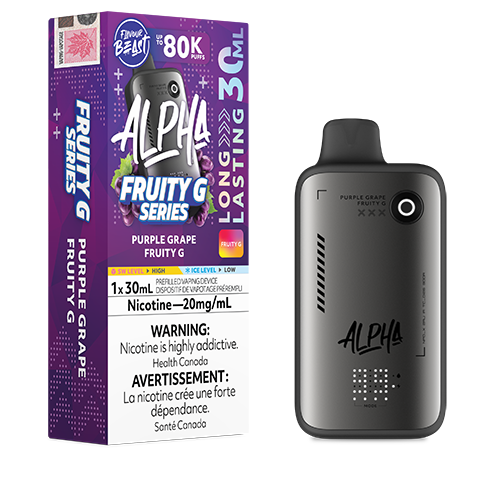 Purple Grape Fruity G Flavour Beast Alpha device with bold grape flavour profile and sleek disposable vape design