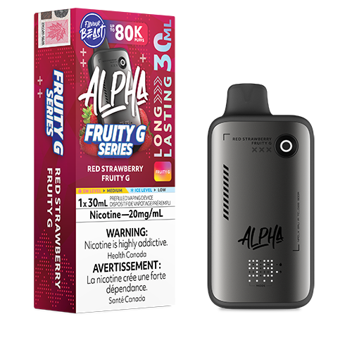 Red Strawberry Fruity G Flavour Beast Alpha device with ripe strawberry flavour profile and sleek disposable vape design