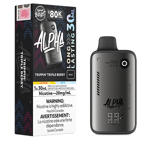 Flavour Beast Alpha 80K Trippin’ Triple Berry disposable vape featuring a bold mix of triple berry flavours in a sleek high-capacity design