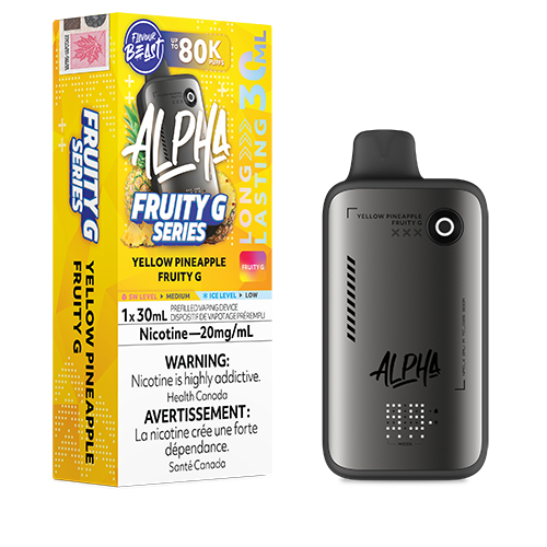 Yellow Pineapple Fruity G Flavour Beast Alpha device with vibrant pineapple flavour profile and sleek disposable vape design