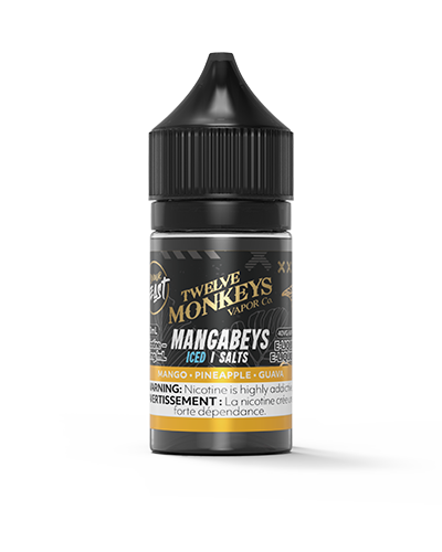 Twelve Monkeys Mangabeys Iced Salt Nic bottle with a mango, pineapple, and guava blend for a lush, tropical fruit finish.