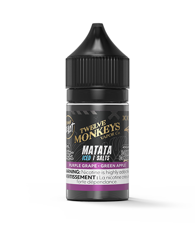 Twelve Monkeys Matata Iced Salt Nic bottle with a purple grape and green apple blend for a vibrant, balanced fruit finish.