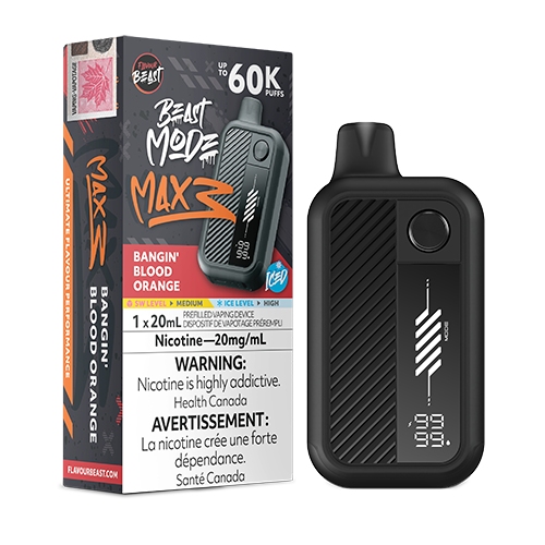 Flavour Beast Mode Max 3 Bangin' Blood Orange Iced disposable vape device with a tangy blood orange profile for a bold, citrus-packed finish.