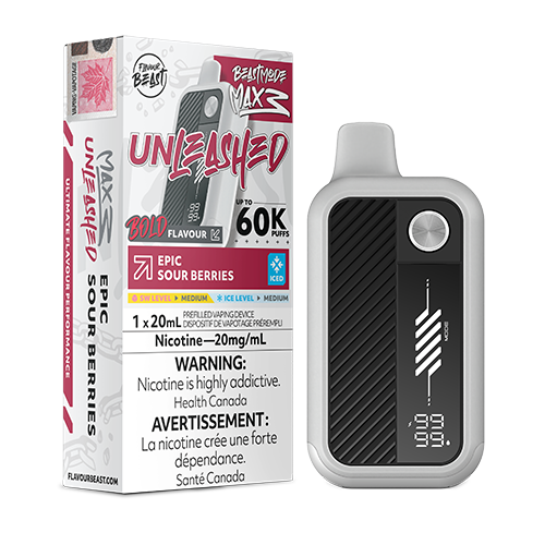 Flavour Beast Mode Max 3 Epic Sour Berries Iced disposable vape with sour berry flavour.