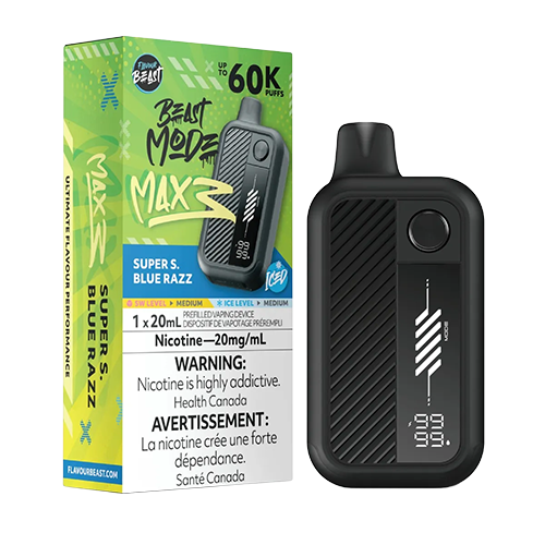 Flavour Beast Mode Max 3 Disposable Super S. Blue Razz a tangy blue raspberry with a touch of ice menthol.