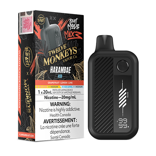 Flavour Beast Mode Max 3 Tweleve Monkeys Disposable Harambae Iced grapefruit highlights fused with lemon, lime, blood orange and refreshing guava undertones.