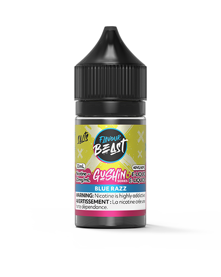 Flavour Beast Gushin Blue Razz salt nic e-liquid bottle with tangy blue raspberry flavour for pod systems