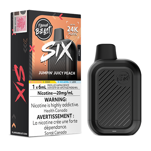 Flavour Beast Mode SIX Jumpin Juicy Peach disposable vape device with peach flavour.