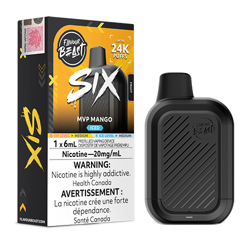 Flavour Beast SIX MVP Mango Iced a sweet tropical mango flavour with a smooth, fruity profile and a crisp, refreshing icy finish.