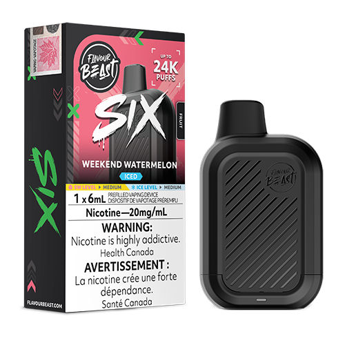 Flavour Beast SIX Disposable Weekend Watermelon Ice a fresh watermelon flavour with an icy exhale.