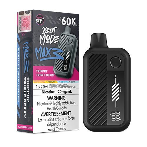 Flavour Beast Mode Max 3 Trippin' Triple Berry Blueberry Strawberry Pomegranate vape flavour featuring juicy blueberries, sweet strawberries, and rich pomegranate notes.