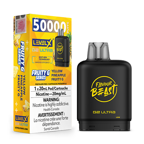 Level X G2 Ultra Pod Yellow Pineapple Fruity G vape flavour featuring vibrant pineapple flavour with bold tropical character and a dense, fruit-forward finish.