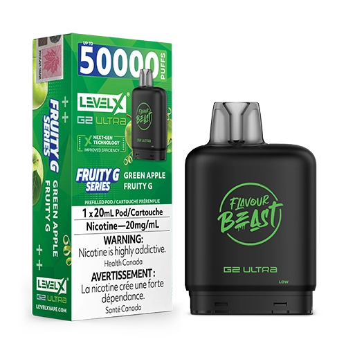 Level X G2 Ultra Pod Green Apple Fruity G Green Apple vape flavour featuring crisp, tangy green apple with a bright and juicy finish.