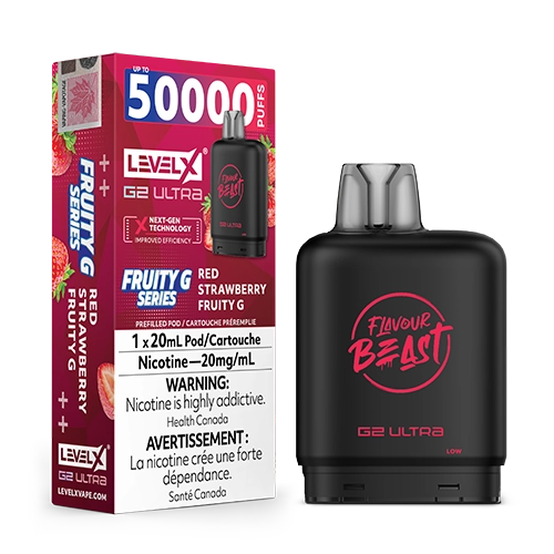 Level X G2 Ultra Pod Red Strawberry Fruity G vape flavour featuring ripe, juicy strawberry with rich fruit flavour and a smooth finish.