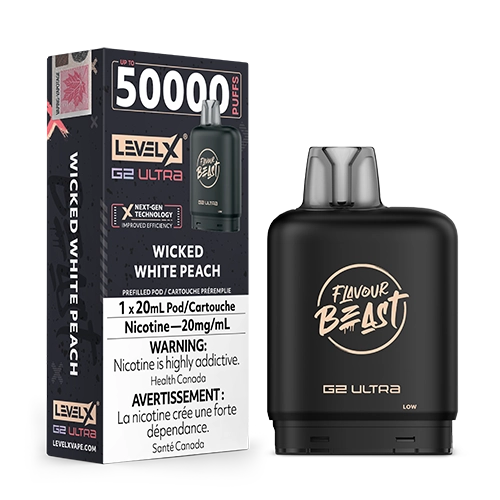 Level X G2 Ultra Pod Wicked White Peach White Peach vape flavour featuring smooth, juicy white peach with a clean and refreshing finish.