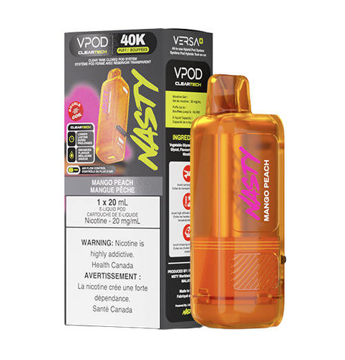 Mango Peach Nasty VPOD Versa X pod featuring juicy peach flavour with a smooth icy finish, designed for the Versa X device with a crystal-clear 20 mL pod.