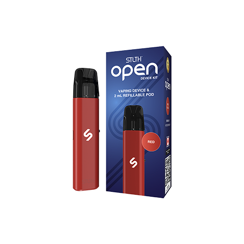 Red STLTH OPEN refillable pod vape kit with 1000mAh battery and adjustable airflow