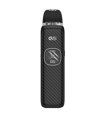 UWELL Caliburn G5 Black Carbon pod kit with 1600mAh battery, HD display, and GPP Alpha pod technology.