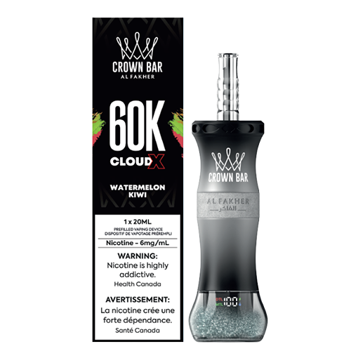 Al Fakher Crown X 60K Watermelon Kiwi disposable vape device with digital display and adjustable airflow design.