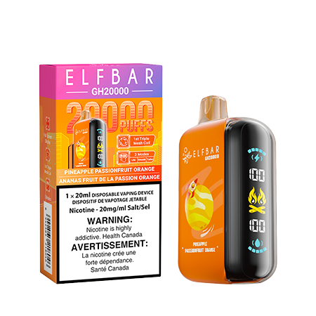 Sleek Elfbar GH2000 Pineapple Passionfruit Orange disposable vape featuring a vibrant tropical blend of sweet pineapple, tangy passionfruit and citrus orange with a smooth, refreshing finish.