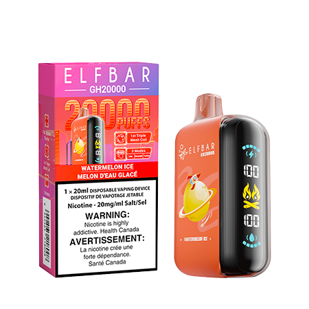 Sleek Elfbar GH2000 Watermelon Ice disposable vape featuring ripe, juicy watermelon flavour paired with a refreshing icy finish and long-lasting rechargeable battery.