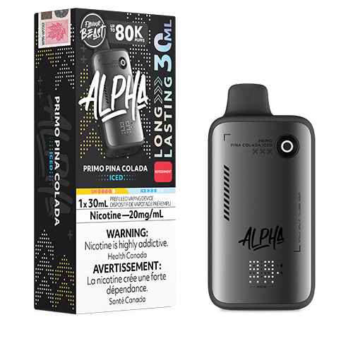 Flavour Beast Alpha 80K Primo Pina Colada disposable vape featuring a tropical pineapple and coconut blend in a sleek high-capacity design