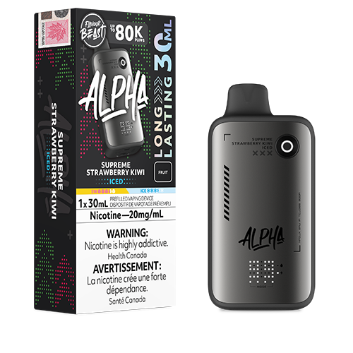 Flavour Beast Alpha 80K Supreme Strawberry Kiwi Iced disposable vape featuring a sweet strawberry and kiwi blend with a refreshing icy finish in a sleek high-capacity design