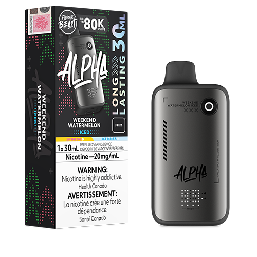 Flavour Beast Alpha 80K Weekend Watermelon Iced disposable vape featuring juicy watermelon flavour with a refreshing icy finish in a sleek high-capacity design