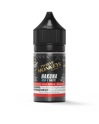 Twelve Monkeys Hakuna Iced Salt Nic bottle with fuji apple and cranberry blend for a layered, tangy fruit finish.