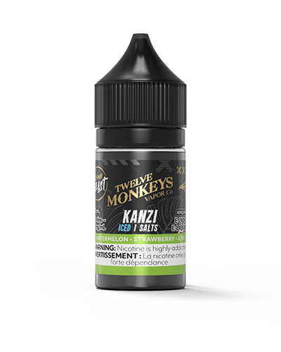 Flavour Beast x 12 Monkeys Kanzi Iced salt nic with a bold watermelon, strawberry, and kiwi blend for a crisp, refreshing finish.