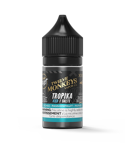Twelve Monkeys Tropkia Iced Salt Nic bottle with a lychee, passionfruit, and papaya blend for a smooth tropical finish.