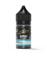 Twelve Monkeys Tropkia Iced Salt Nic bottle with a lychee, passionfruit, and papaya blend for a smooth tropical finish.