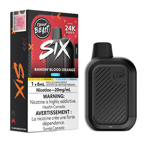 Flavour Beast SIX Bangin' Blood Orange Iced disposable vape device with a tangy blood orange profile for a bold, citrus-packed finish.