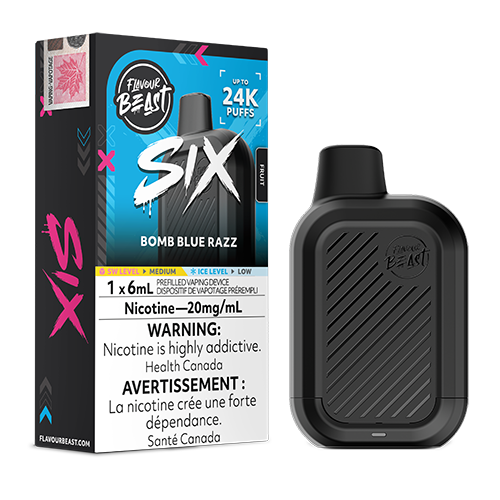 Flavour Beast SIX Bomb Blue Razz disposable vape device with blue raspberry flavour.