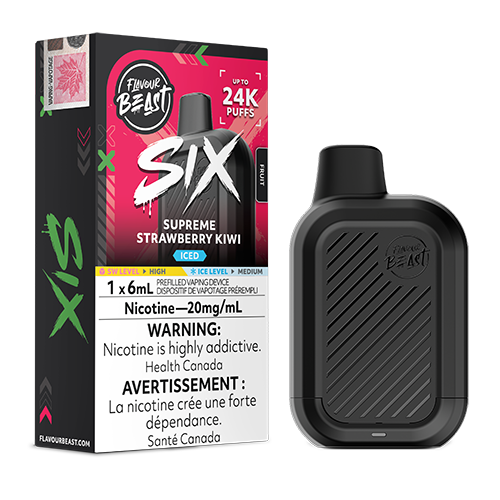 Flavour Beast SIX Strawberry Kiwi Iced disposable vape with strawberry kiwi flavour.