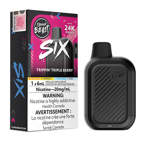 Flavour Beast SIX Trippin' Triple Berry a Blueberry Strawberry Pomegranate vape flavour featuring juicy blueberries, sweet strawberries, and rich pomegranate notes.