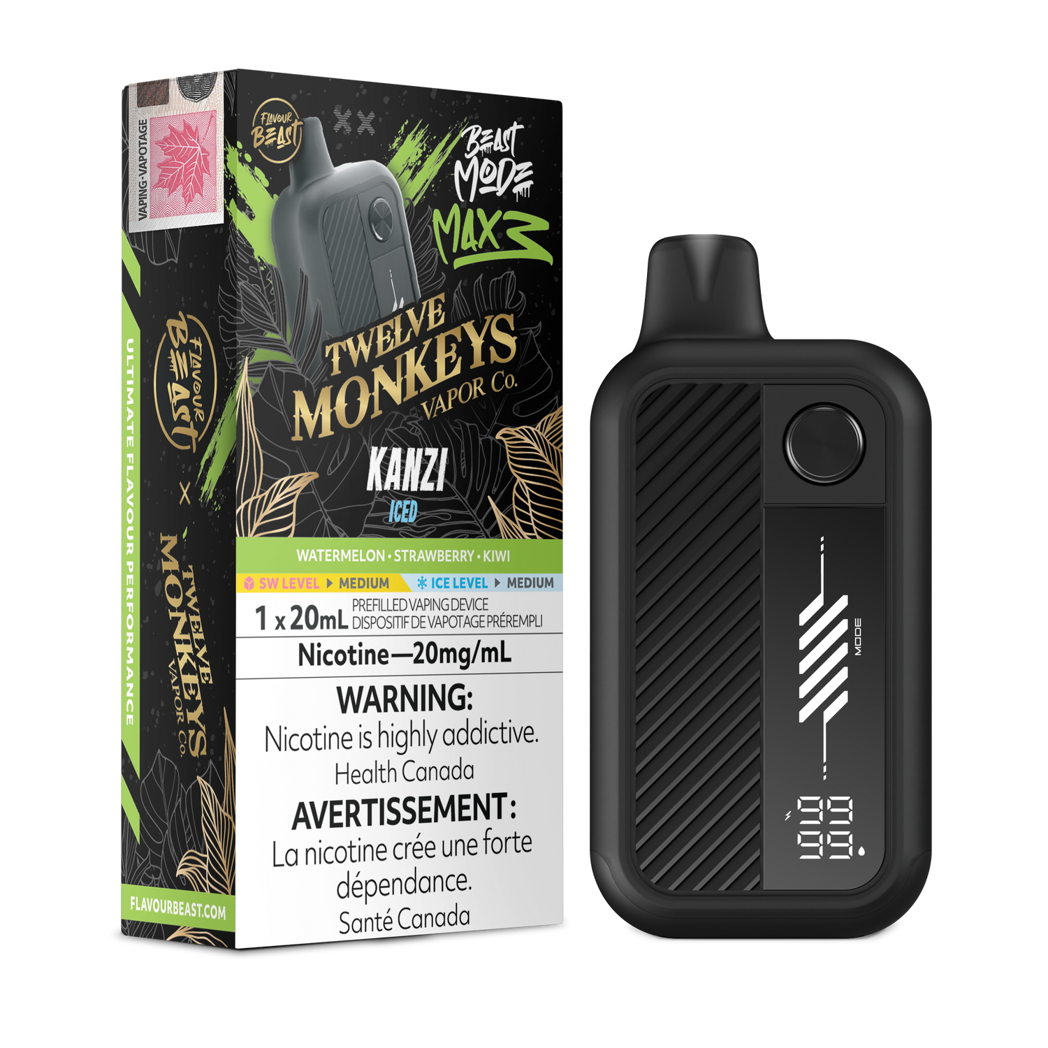 Flavour Beast Mode Max 3 Tweleve Monkeys Disposable Kanzi a Watermelon, Strawberry and Kiwi come together to bring a fresh and fuity experience.