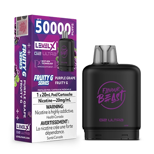 Level X G2 Ultra Pod Purple Grape Fruity G Grape vape flavour featuring bold, juicy grape with rich fruit flavour and a smooth finish.