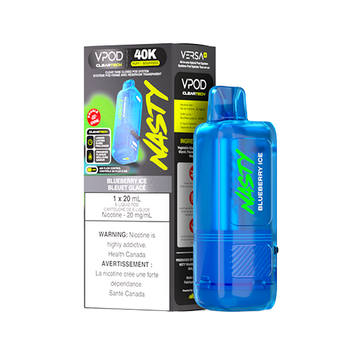 Blueberry Ice Nasty VPOD Versa X pod featuring sweet blueberry flavour with a refreshing icy finish, designed for the Versa X device with a crystal-clear 20 mL pod.