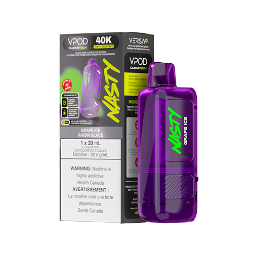 Grape Ice Nasty VPOD Versa X pod featuring bold grape flavour with a cool icy finish, designed for the Versa X device with a crystal-clear 20 mL pod.