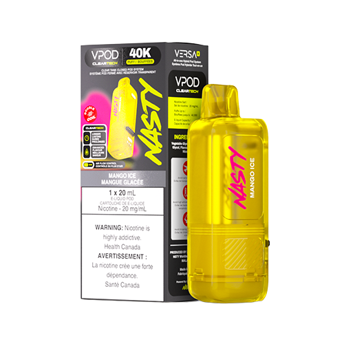 Mango Ice Nasty VPOD Versa X pod featuring juicy peach flavour with a smooth icy finish, designed for the Versa X device with a crystal-clear 20 mL pod.