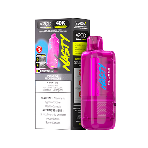 Peach Ice Nasty VPOD Versa X pod featuring juicy peach flavour with a smooth icy finish, designed for the Versa X device with a crystal-clear 20 mL pod.